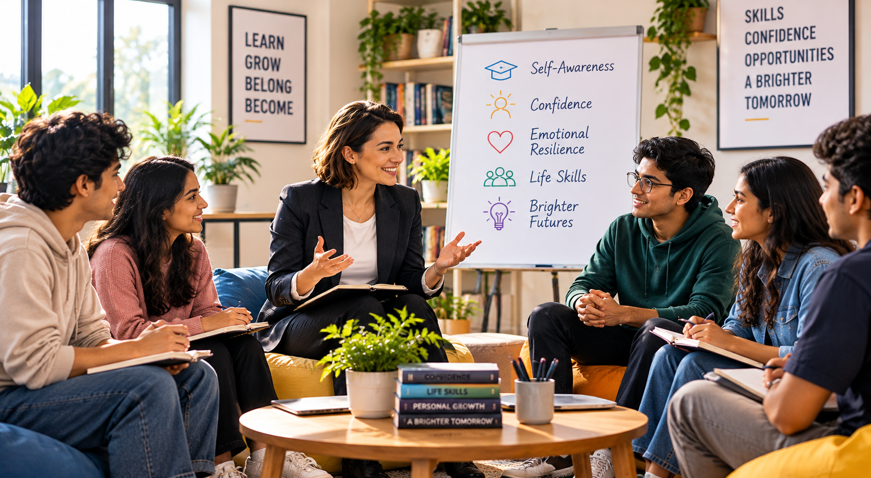 Smiling students in a lecture-hall classroom